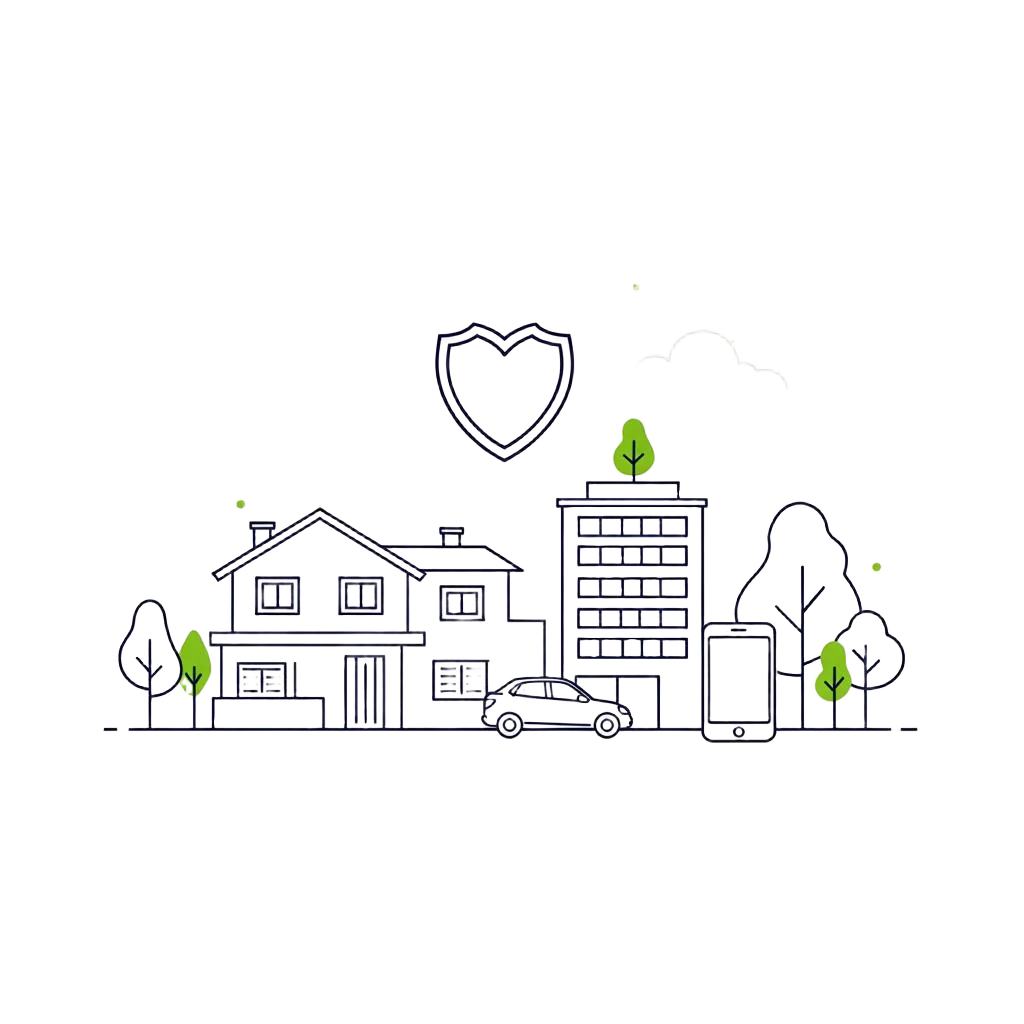 Ilustração de família, casa, carro e celular protegidos pela G1 Brokers